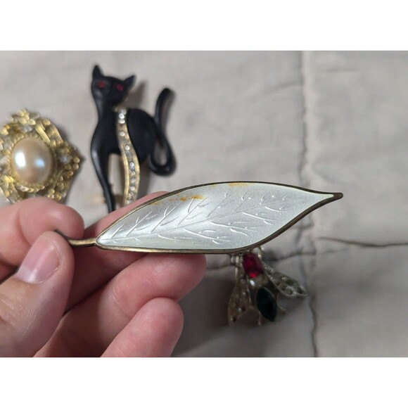 Lot Of 4 Vintage Pins Black Cat Fly Bee Leaf Cabochon Norway Sterling - Picture 11 of 16